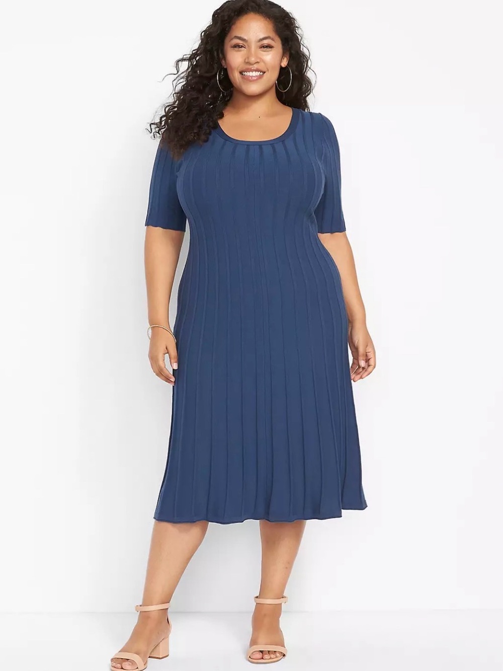 Lane Bryant Blue Ribbed Scoop Neck Midi Dress